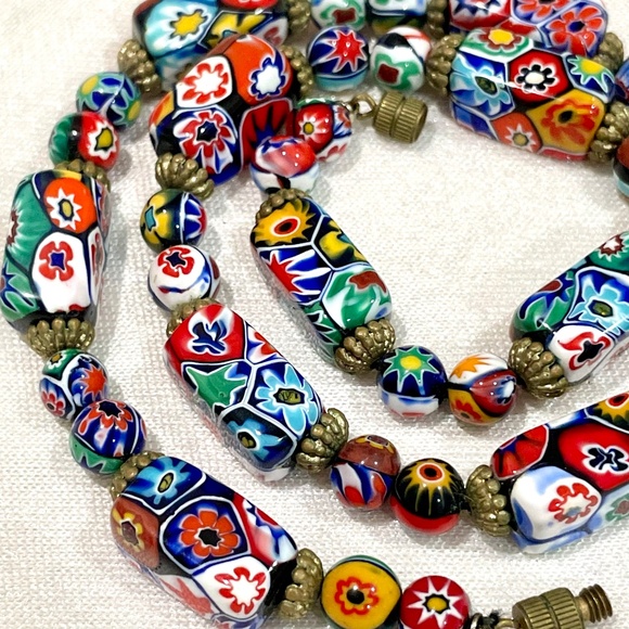 RARE Vintage Murano Millefiori Moretti Venetian Rectangle Glass Bead Necklace - Picture 1 of 11